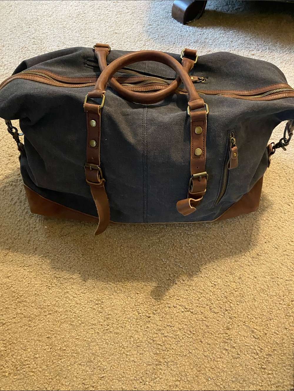 S-Zone Classic Gray Canvas Duffel with Brown Leather Accents